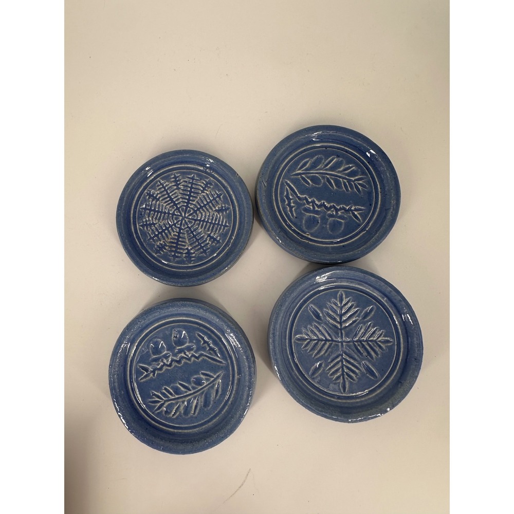 Pigeon Forge Pottery Blue Glazed Coasters Set of 4 Nature Motif Tennessee Craft